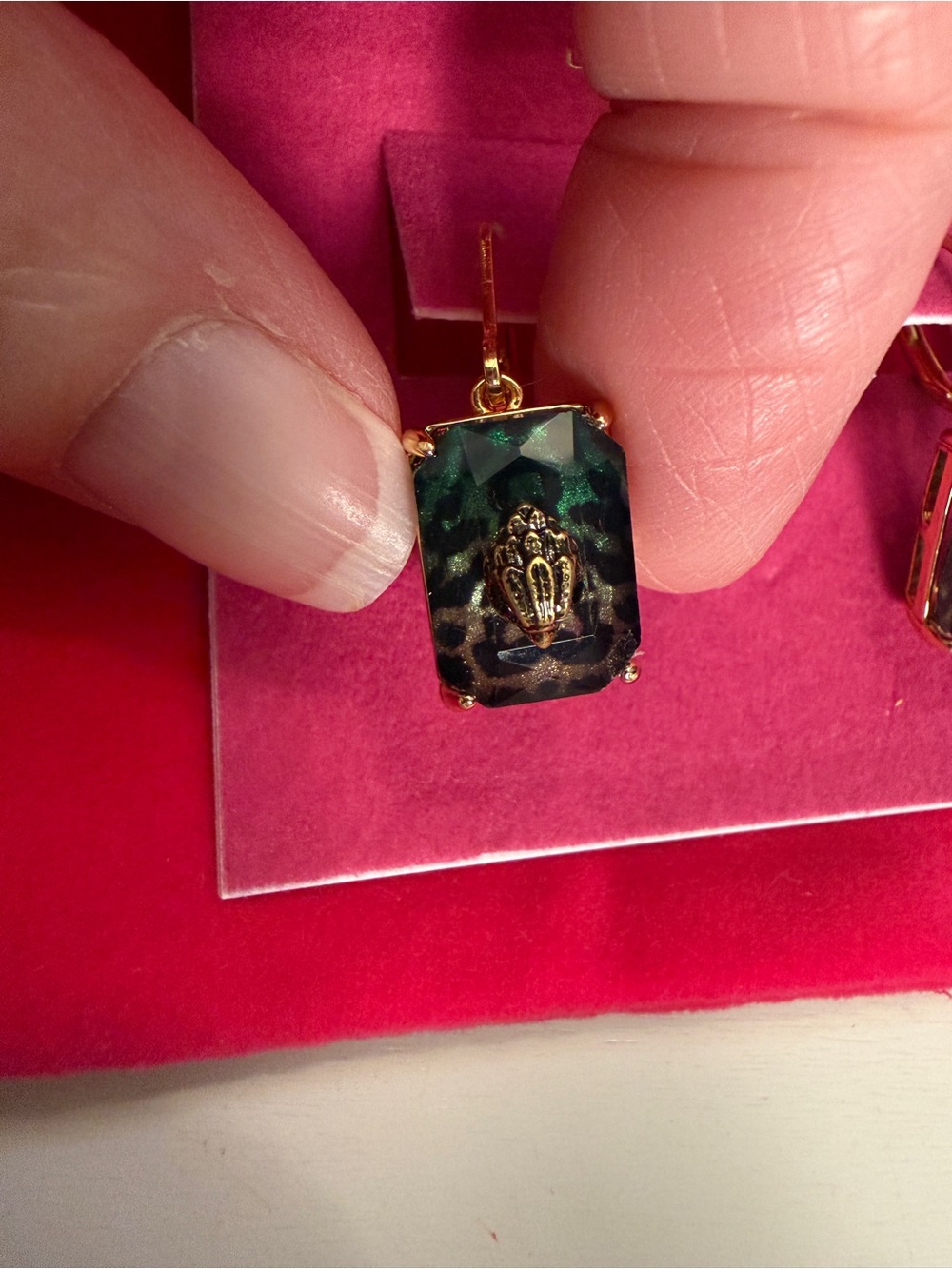 Kurt Geiger Green Leopard-Print Gold-Trim Drop Earrings - Picture 5 of 8